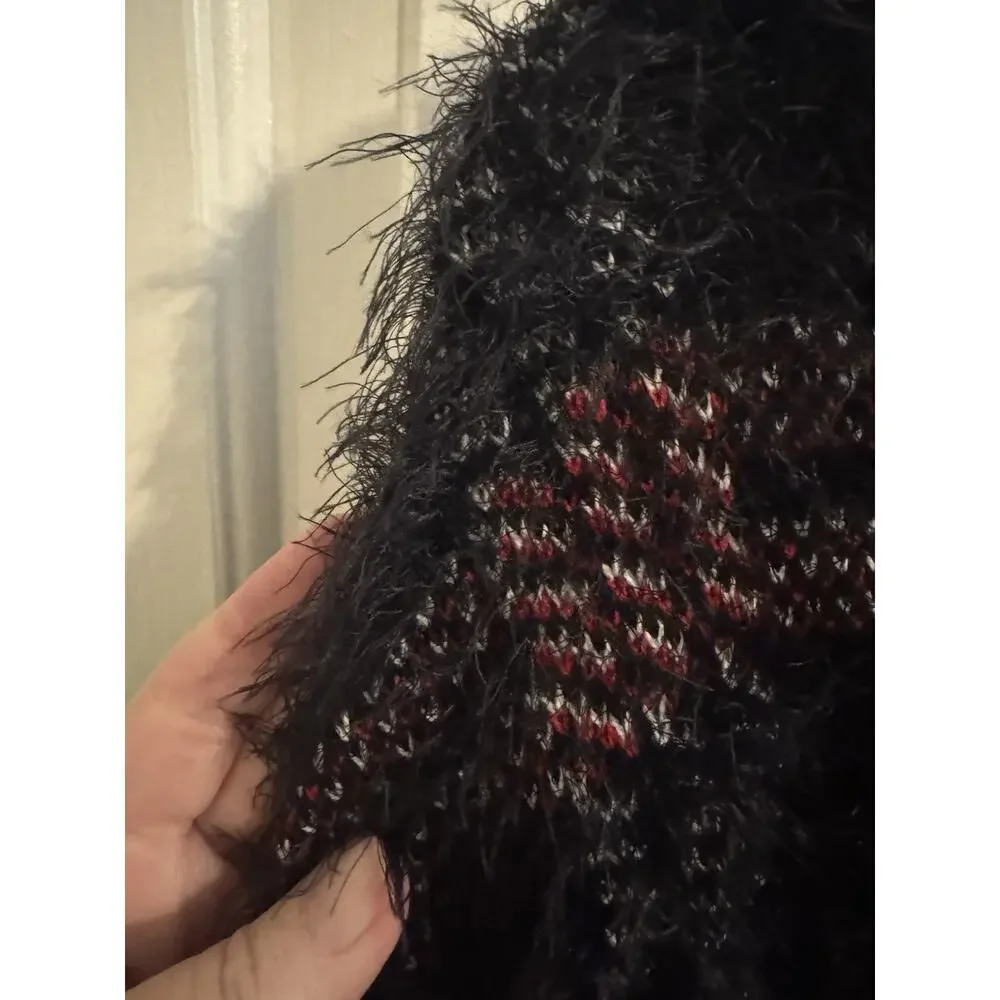 Rock & Republic Fuzzy Lash Plaid Lace Up Pullover Hoodie Sweater Black Red M